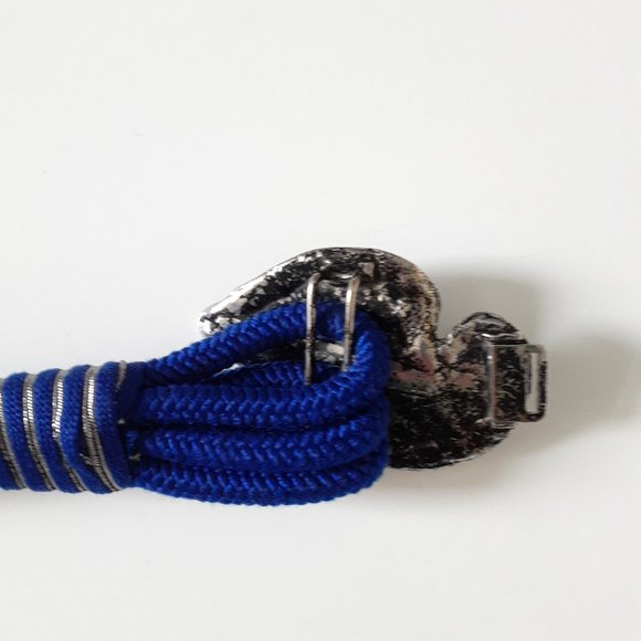 Three Cord Blue Belt With Silvertone Leaf Buckle - Picture 13 of 15